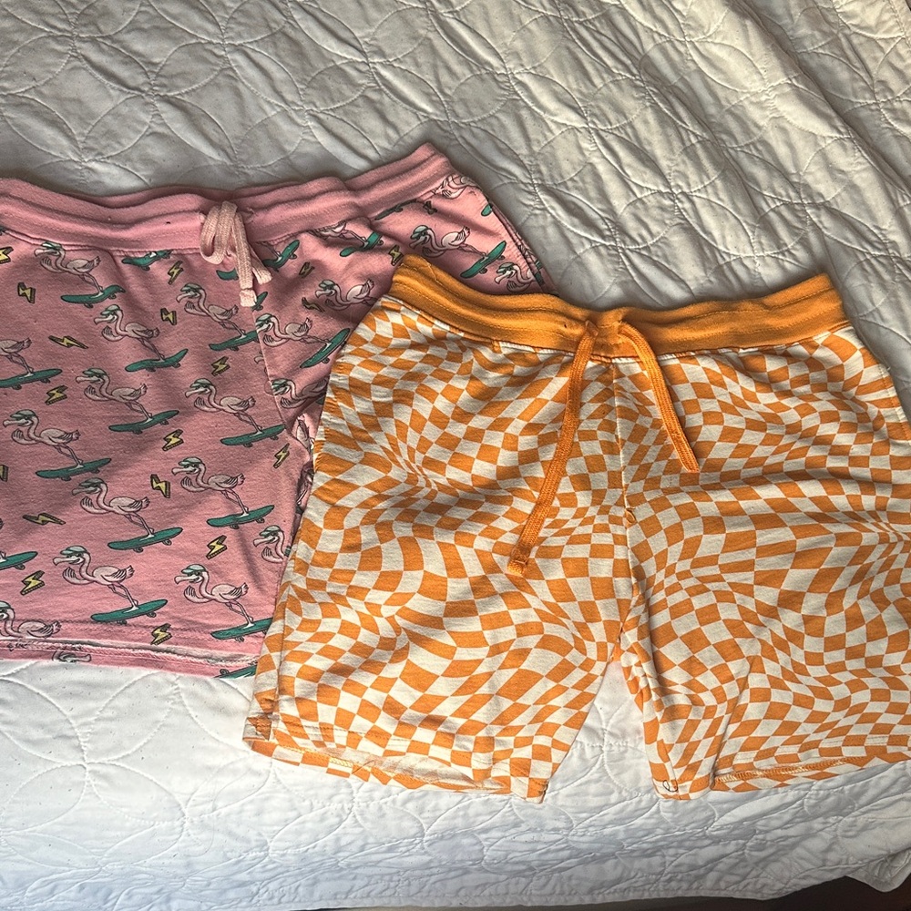 2pairs of comfy fun cotton shorts.  Pink Flamingo and Orange Checkered